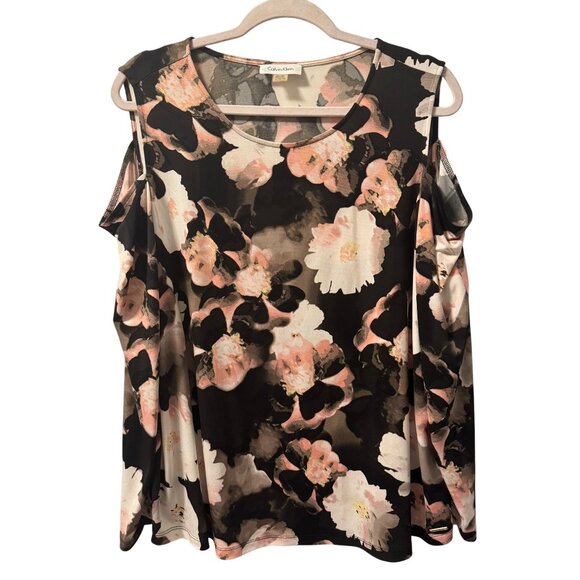 Calvin Klein Floral Cold Shoulder Top Sz 1X Black & Pink  Lightweight Stretchy F - Picture 1 of 12